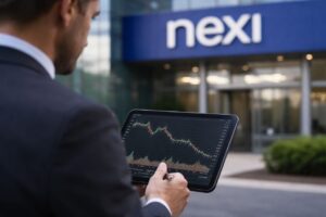 Un analista in giacca osserva il grafico di un titolo su un tablet davanti alla sede Nexi