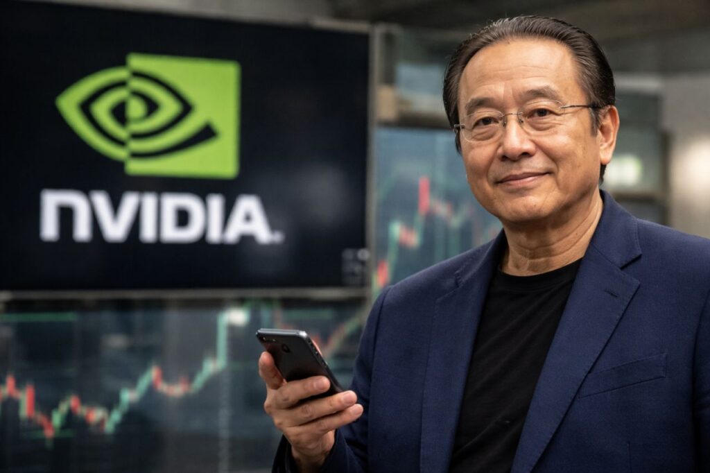 Un uomo in giacca tiene uno smartphone davanti a uno schermo con il logo Nvidia e grafici di mercato sullo sfondo