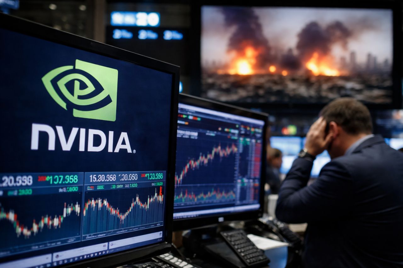 Trader in una sala di trading osserva schermi con il logo Nvidia e grafici azionari mentre su un grande monitor sullo sfondo si vedono esplosioni in una città