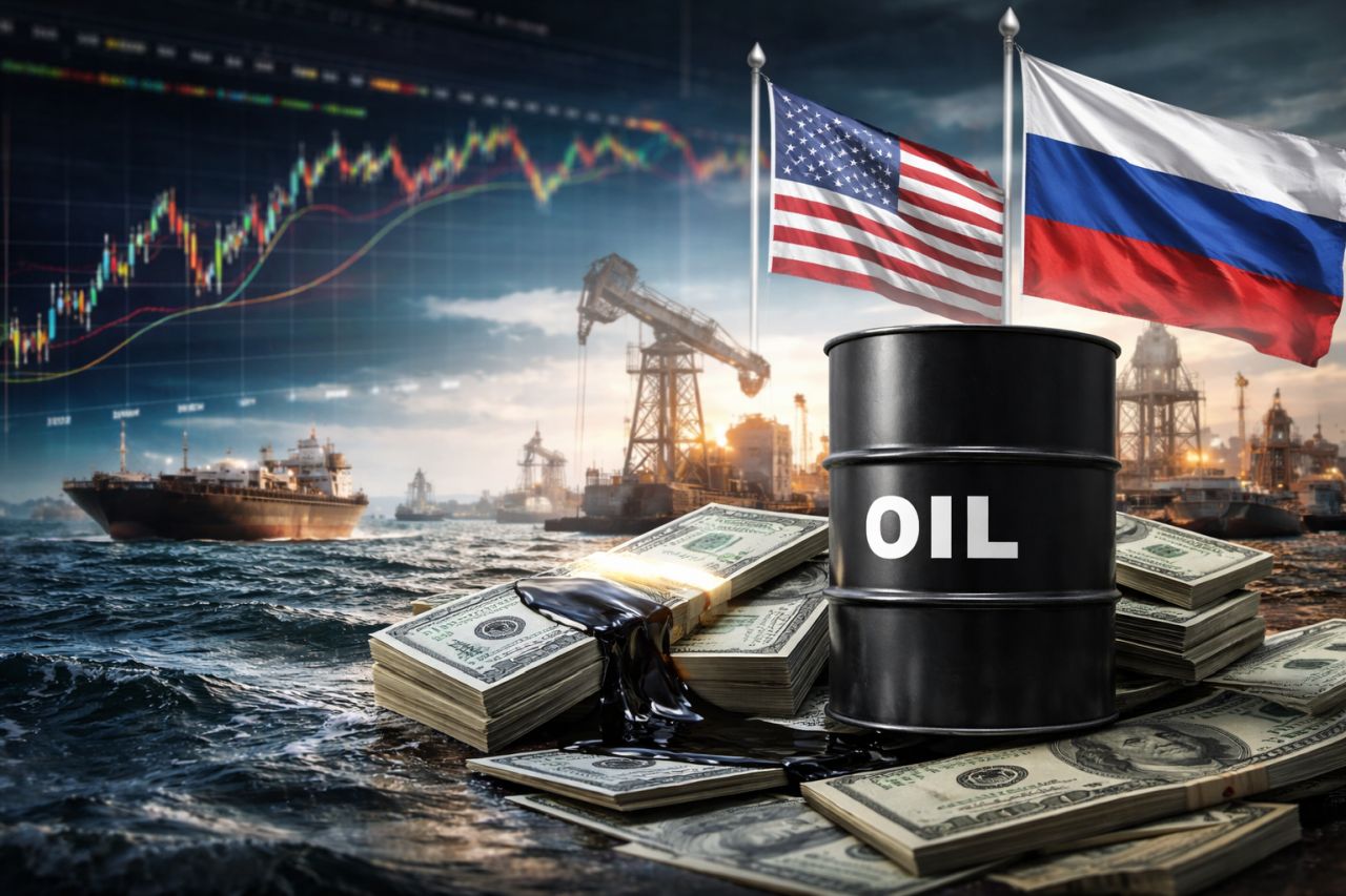 Barile di petrolio su pile di dollari con petrolio versato, petroliere e piattaforme offshore sullo sfondo e bandiere di Stati Uniti e Russia