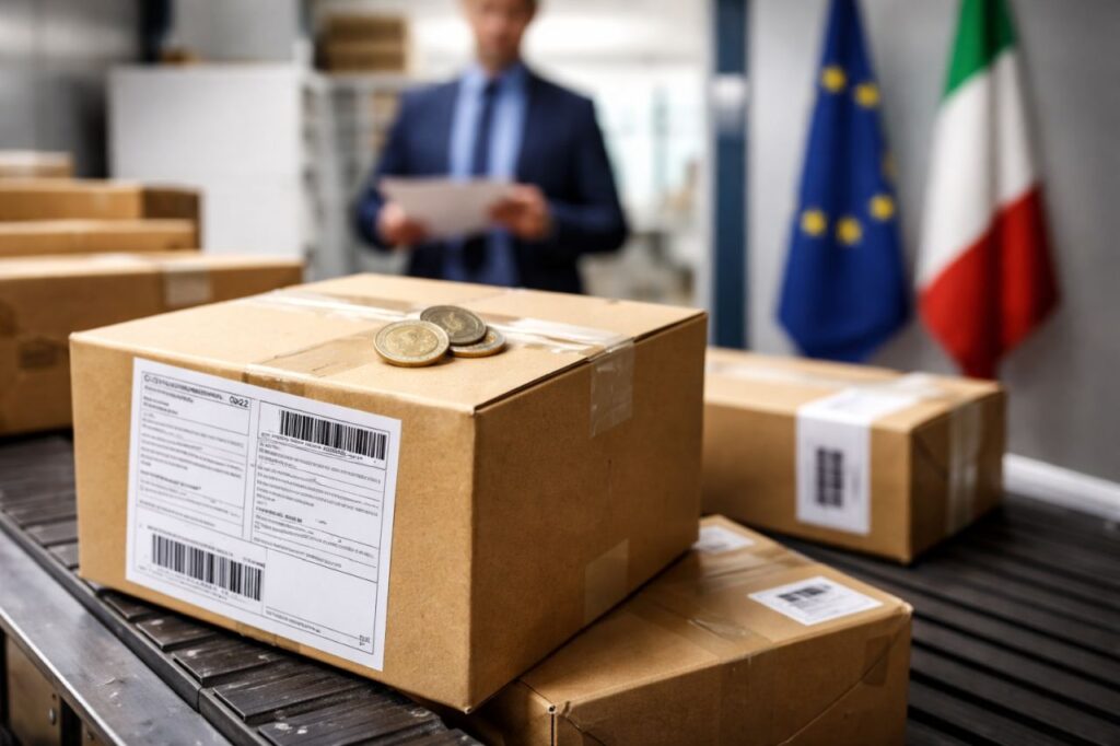 Pacchi su un nastro logistico con due monete da 2 euro sopra una scatola, mentre sullo sfondo sfocato si intravedono le bandiere di Italia e Unione Europea e un funzionario con documenti