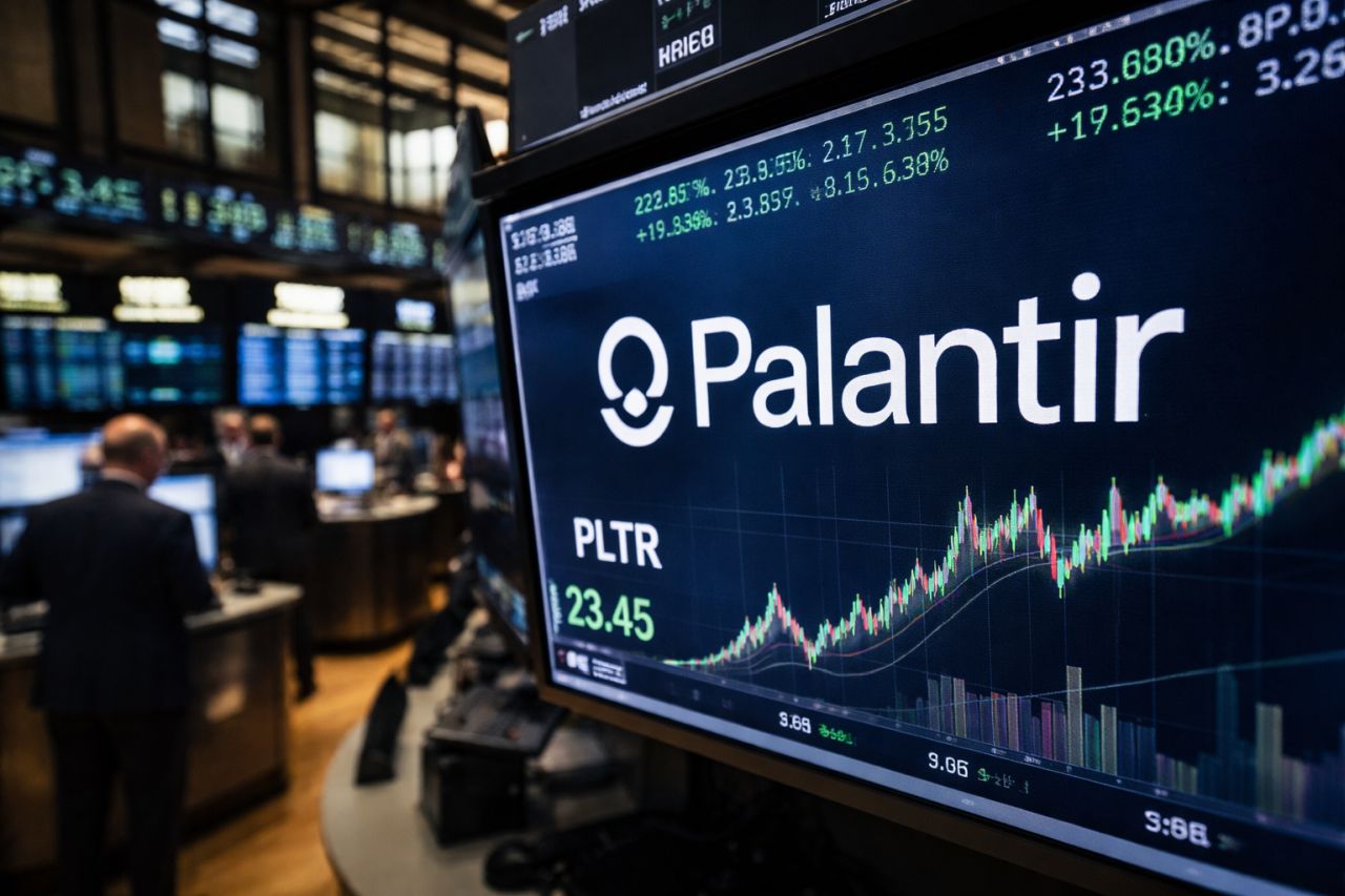 Schermo di trading in primo piano con dati azionari Palantir e grafico in crescita, mentre sullo sfondo sfocato si intravede una sala operativa di Borsa con operatori e monitor