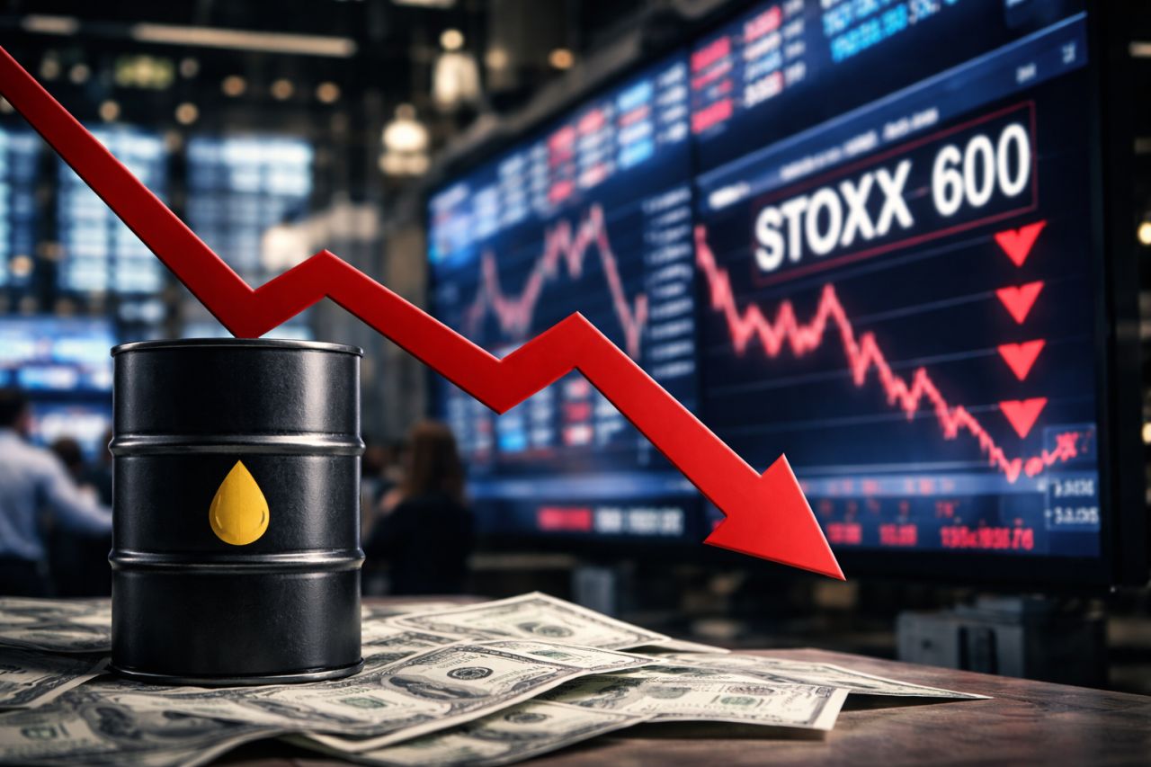 Barile di petrolio su banconote davanti a schermi di borsa con grafici in forte calo