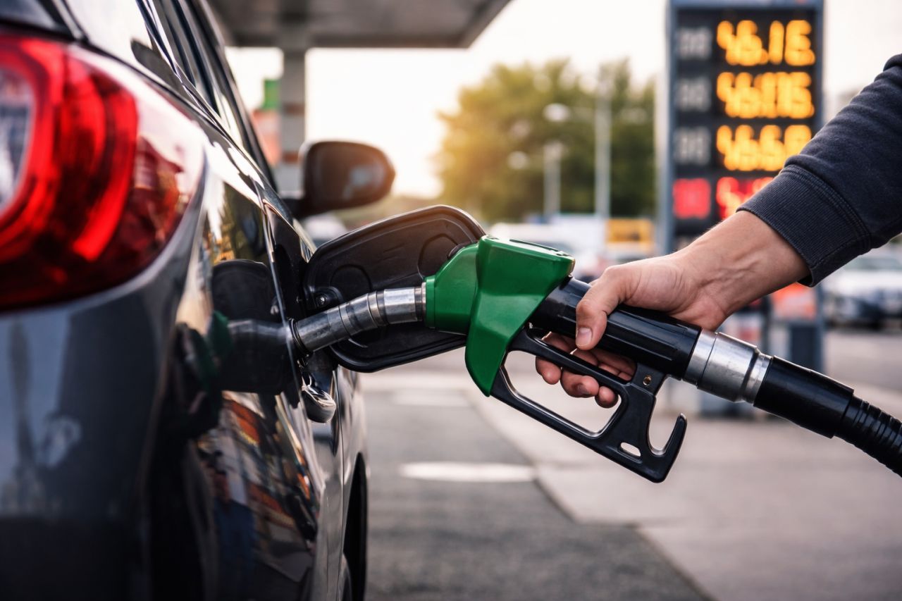 Foto realistica di un distributore di benzina in Italia, con una pompa di carburante in primo piano mentre un’auto fa rifornimento