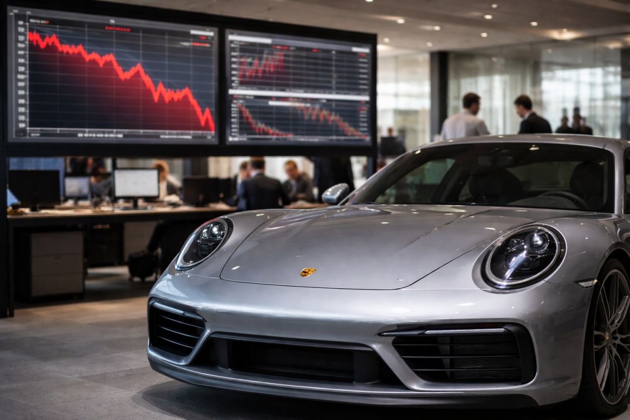Una Porsche 911 in primo piano davanti a schermi finanziari con grafici in forte calo