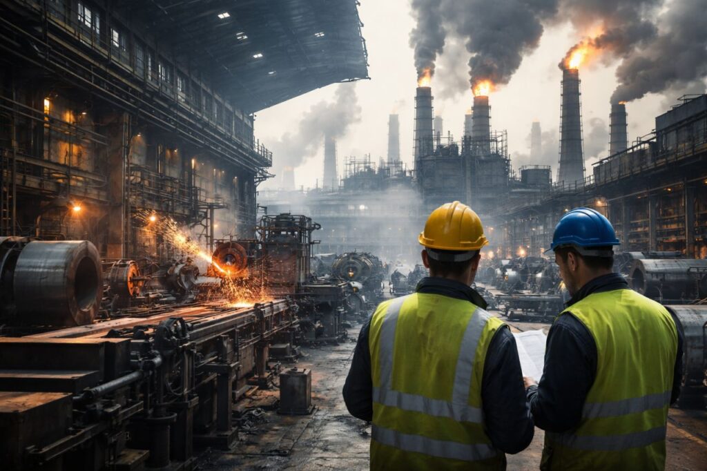Raffineria industriale con alte ciminiere fumanti, mentre alcuni operai con caschi gialli osservano l&rsquo;impianto in funzione