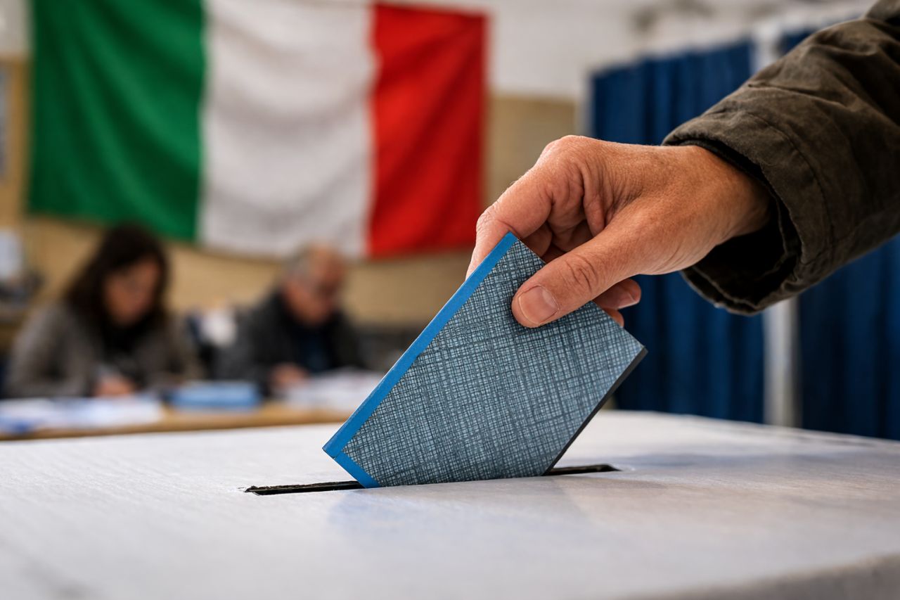 Una mano inserisce una scheda elettorale blu nell’urna durante il voto in un seggio, con la bandiera italiana sullo sfondo sfocato