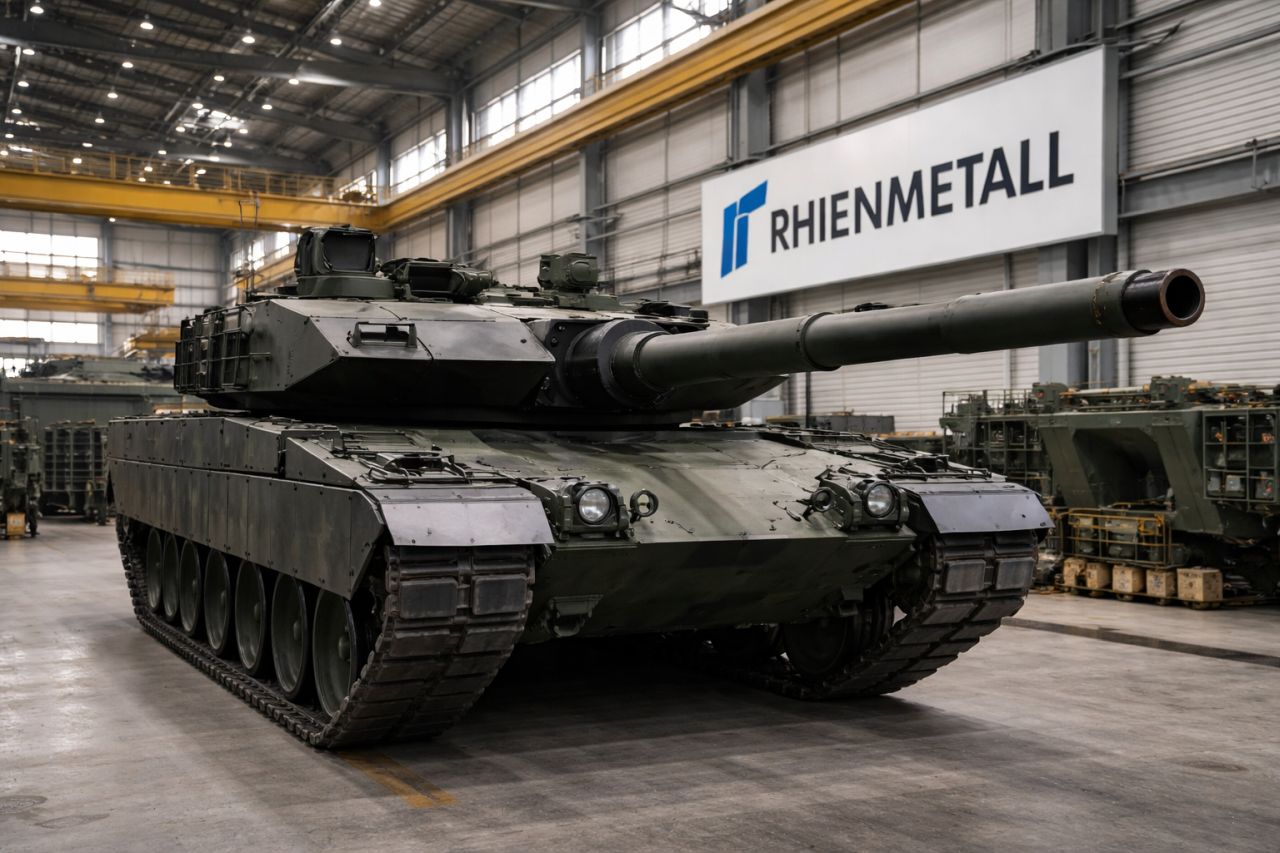 Carro armato in un capannone industriale con logo Rheinmetall in alto