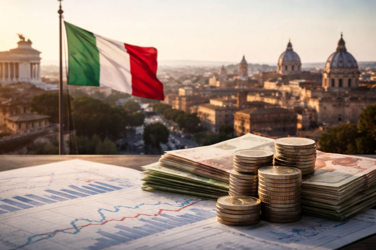 Bandiera italiana che sventola su Roma al tramonto, con monete e banconote in euro su un report finanziario in primo piano