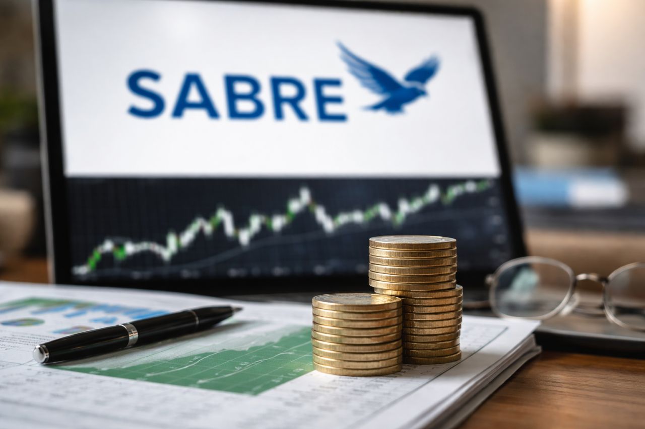 Pile di monete su documenti finanziari davanti a un tablet con grafico di borsa e logo Sabre