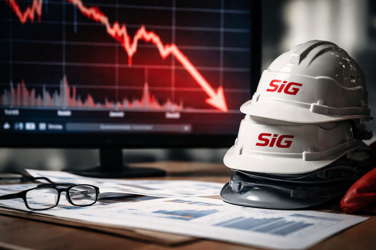 Due caschi da cantiere con logo SIG su una scrivania con documenti finanziari, mentre sullo sfondo un monitor mostra un grafico di Borsa in forte calo