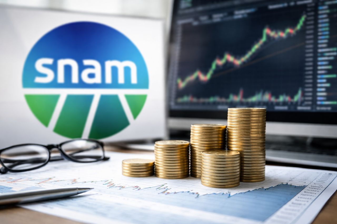 Foto realistica di monete impilate su una scrivania con grafici finanziari, con monitor che mostra l’andamento di un titolo e logo Snam sfocato sullo sfondo
