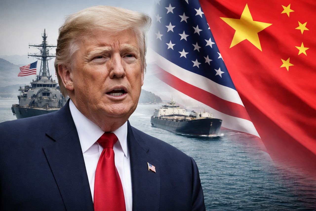 Donald Trump in primo piano davanti allo Stretto di Hormuz, con navi militari e petroliere sullo sfondo e le bandiere di Stati Uniti e Cina.