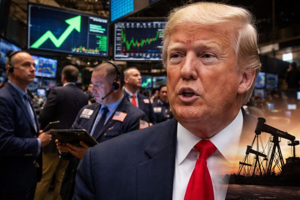 Primo piano di Donald Trump davanti ai monitor della Borsa di New York, con trader al lavoro e una pompa petrolifera sullo sfondo