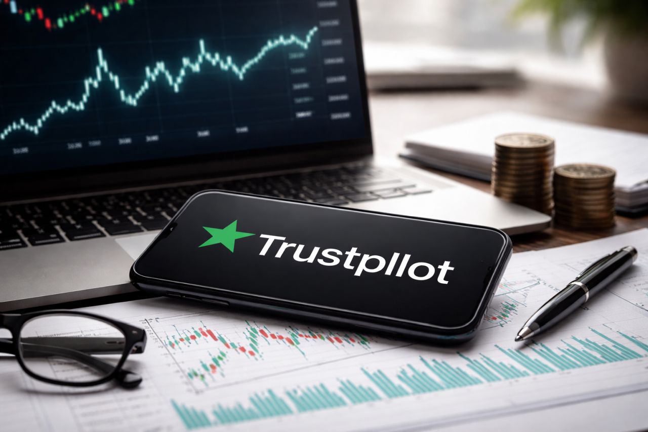 Smartphone con logo Trustpilot su una scrivania finanziaria, tra grafici, laptop e monete