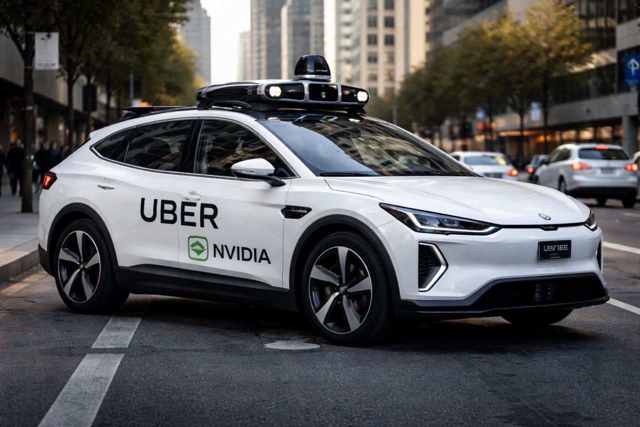 Auto robotaxi autonoma in città, con sensori sul tetto e traffico urbano sullo sfondo