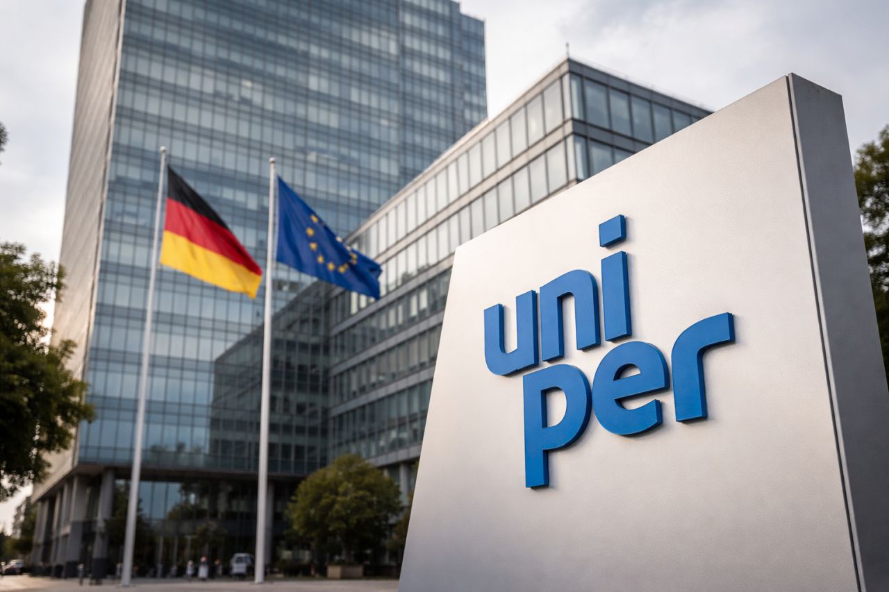 Insegna Uniper davanti a un moderno edificio per uffici con le bandiere di Germania e Unione Europea