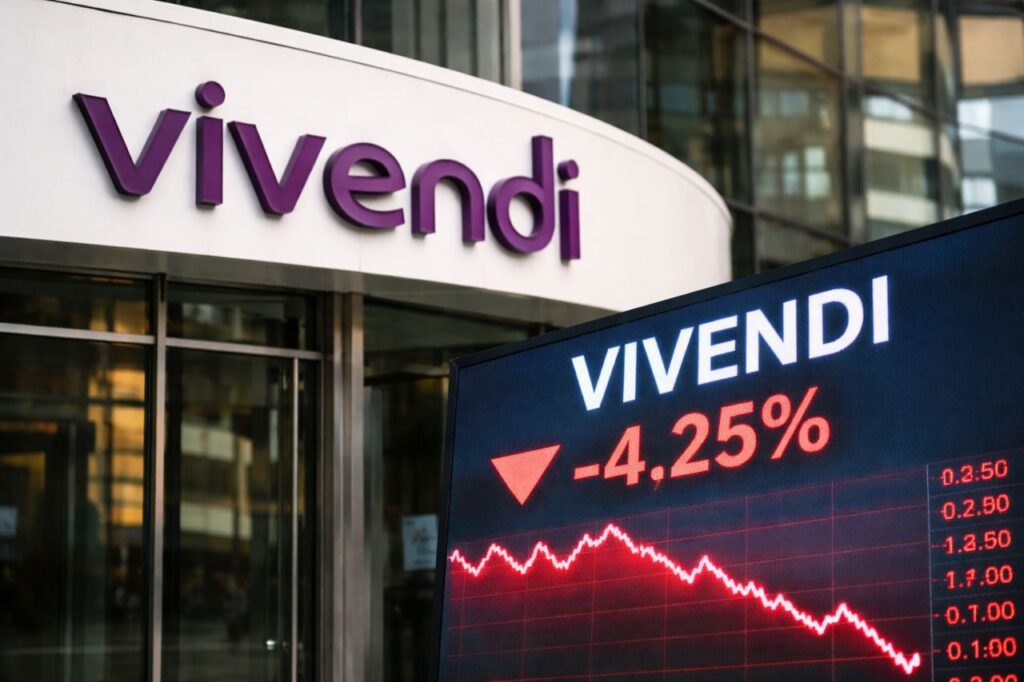 ingresso di un moderno edificio per uffici con il logo Vivendi sulla facciata; in primo piano un grande schermo di mercato mostra un grafico in forte calo con freccia rossa verso il basso