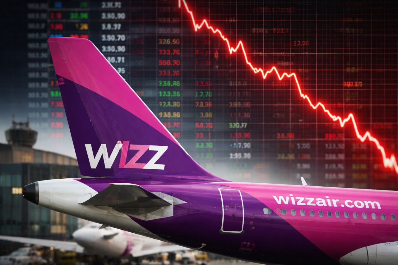 Aereo Wizz Air con sullo sfondo un grande grafico di Borsa in forte calo