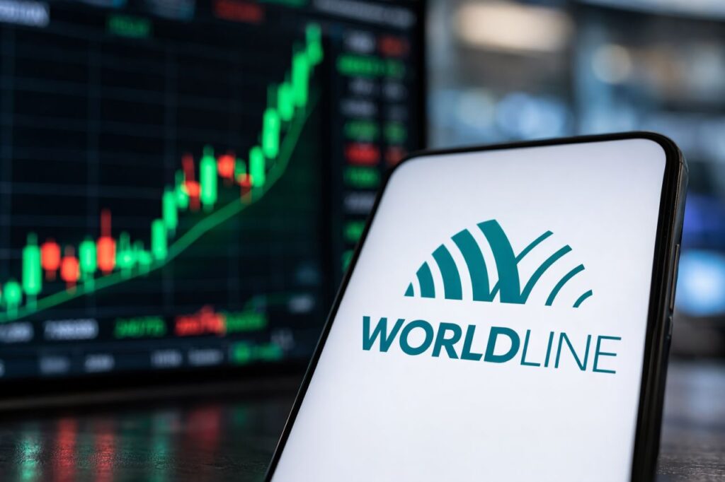 Smartphone con logo Worldline in primo piano, con grafico azionario in forte rialzo sfocato sullo sfondo