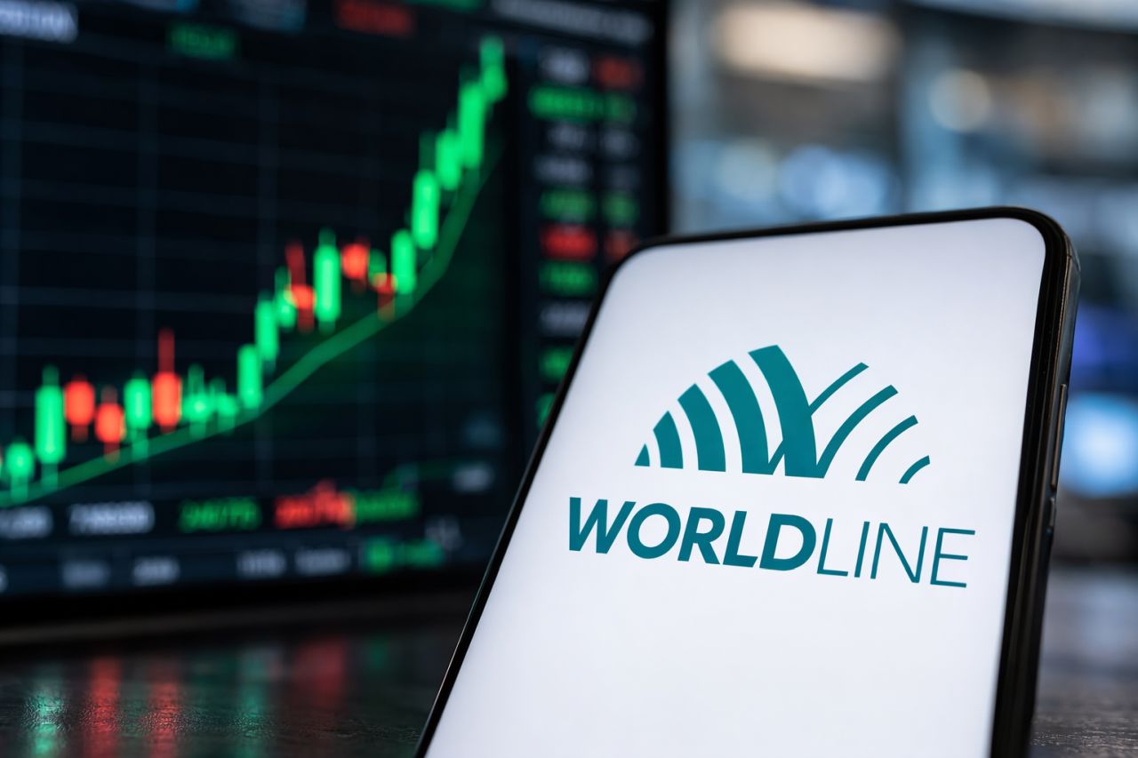 Smartphone con logo Worldline in primo piano, con grafico azionario in forte rialzo sfocato sullo sfondo
