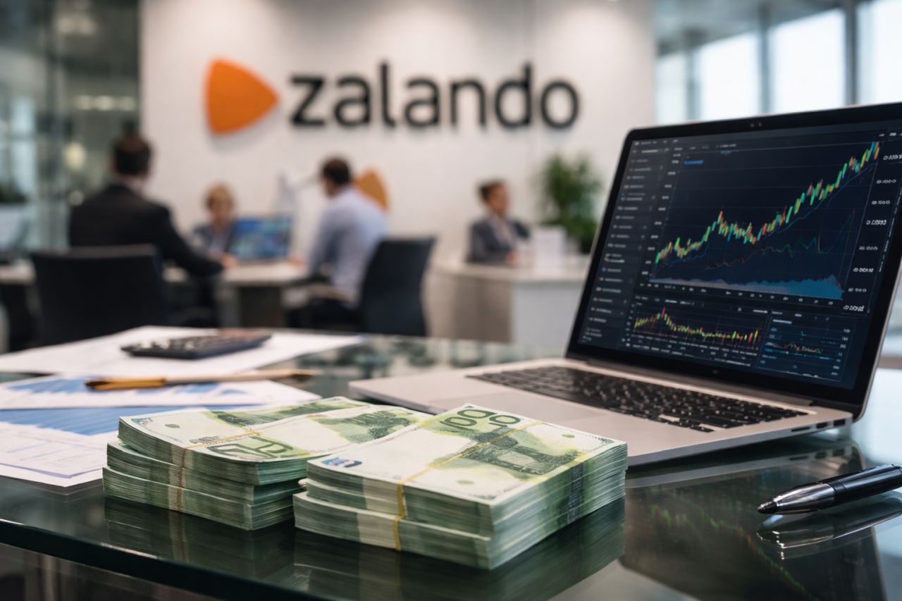 Scrivania in ufficio moderno con laptop che mostra grafici finanziari in crescita e pile di banconote da 100 euro, con logo Zalando sullo sfondo
