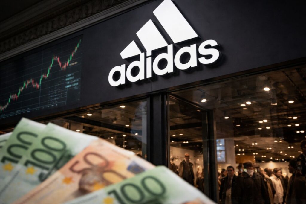 Vetrina di un negozio Adidas con clienti all&rsquo;interno, mentre in primo piano si vedono banconote in euro e sullo sfondo un grafico di Borsa in salita