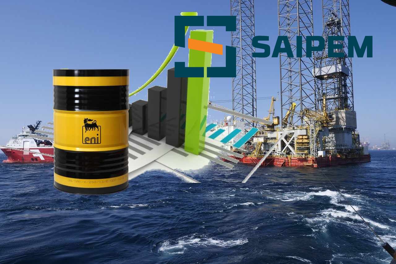 piattaforma petrolio con barile con logo Eni