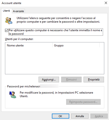 windows 10 rimuovere password